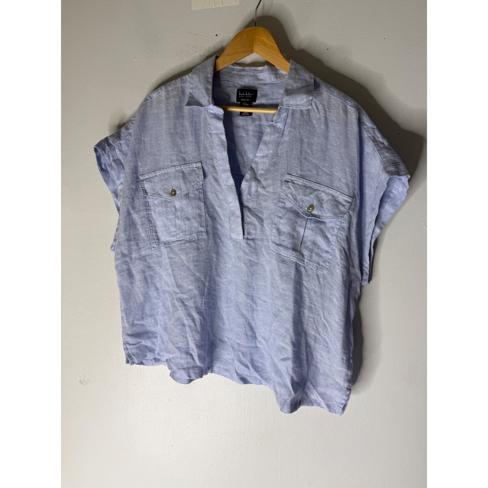 Nicole Miller short sleeve v neck collar linen top pockets boxy size XL